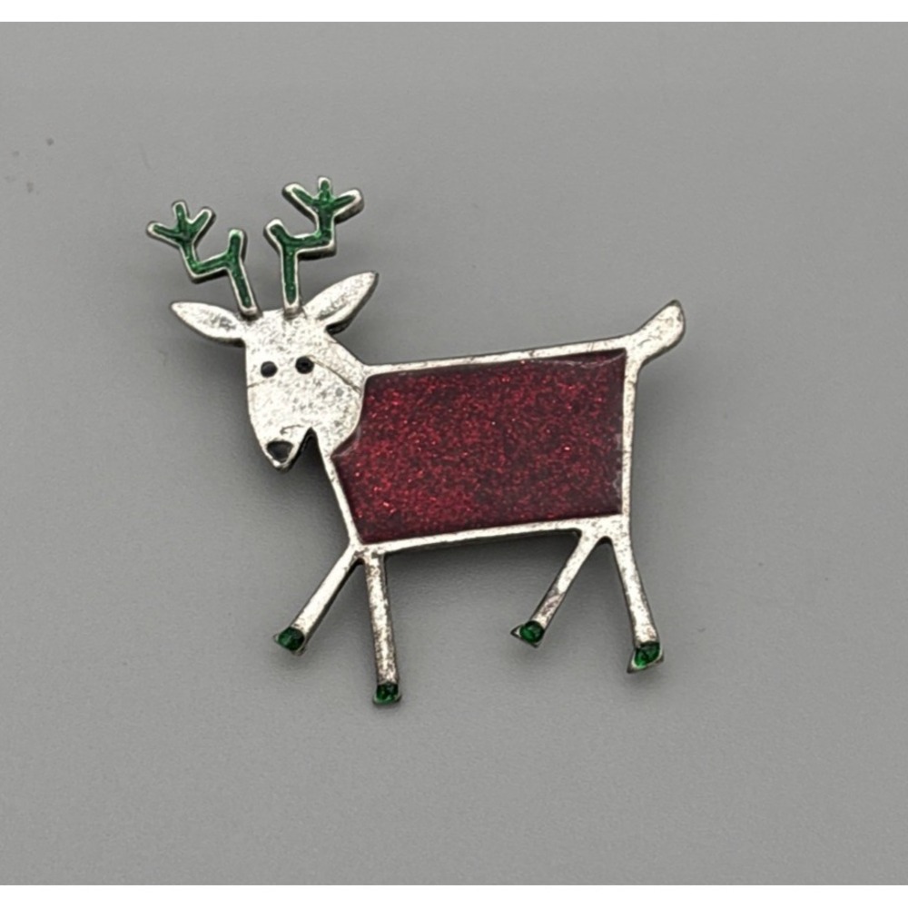 Pin‎ Brooch Reindeer Silver Tone w Green Antlers & Red Body 2"x2"